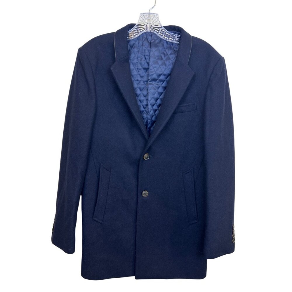 Trugen Men's S Single Breasted Top Coat Navy Wool Blend Classic Preppy Overcoat